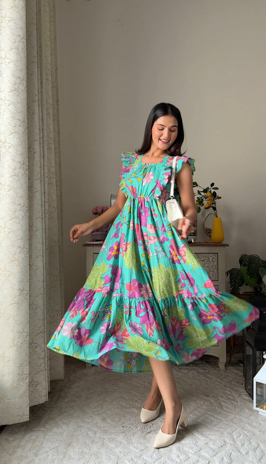 Sea Green-Floral Cotton Dress