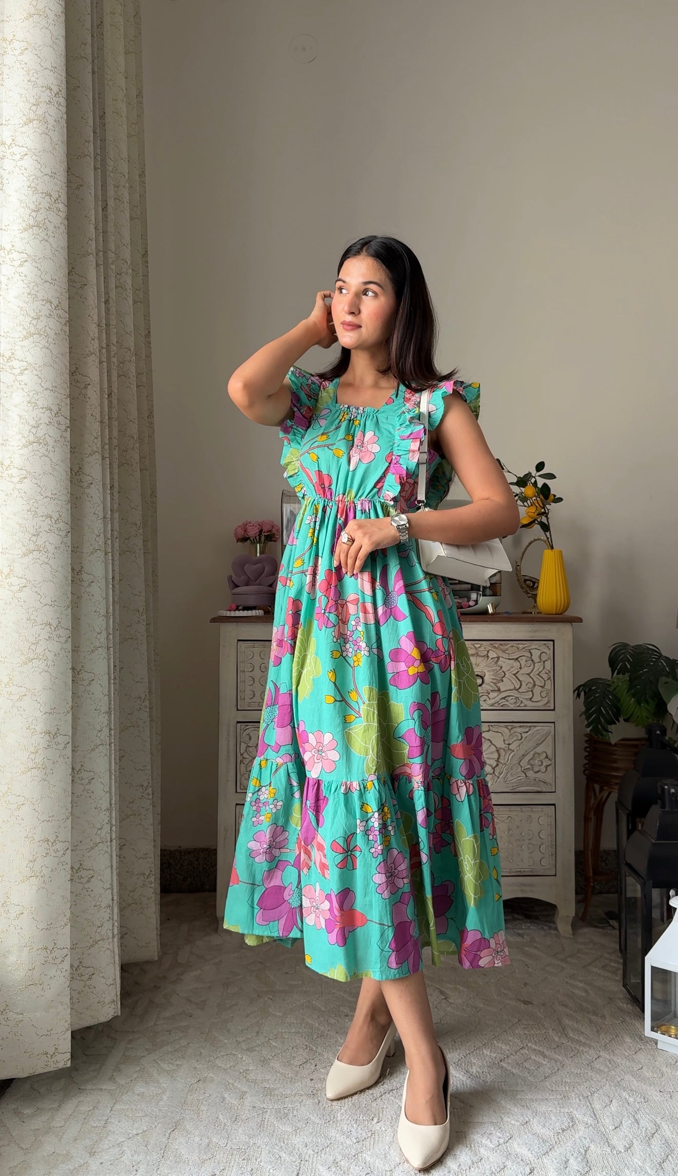 Sea Green-Floral Cotton Dress Shaayra Sea Green-Floral Cotton Dress Shaayra