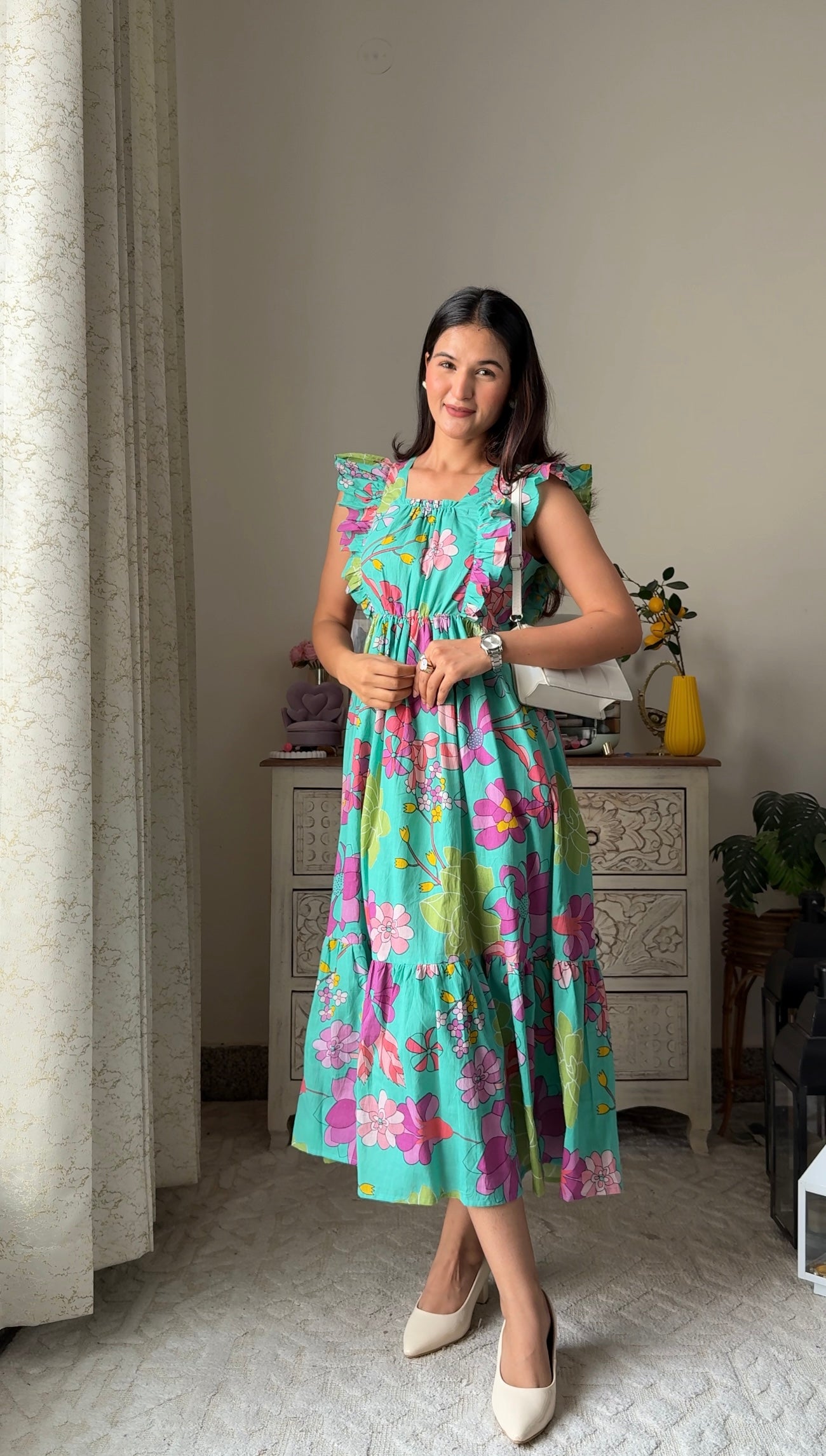 Sea Green-Floral Cotton Dress