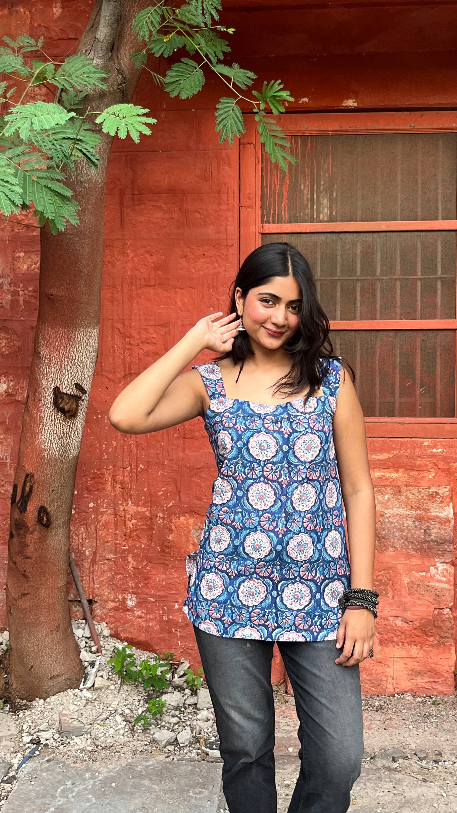 Camille Square Neck Bagru Blue Floral Top