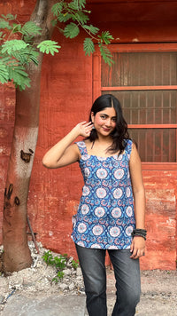 Camille Square Neck Bagru Blue Floral Top