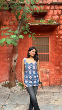 Camille Square Neck Bagru Blue Floral Top