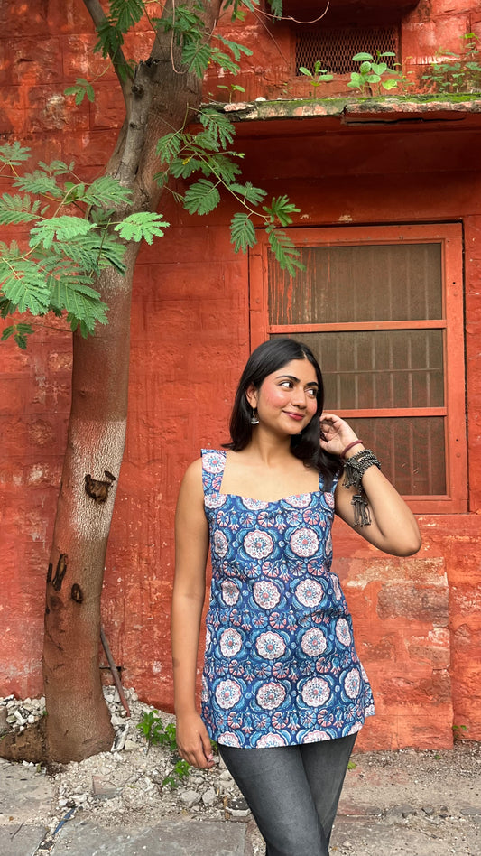 Camille Square Neck Bagru Blue Floral Top