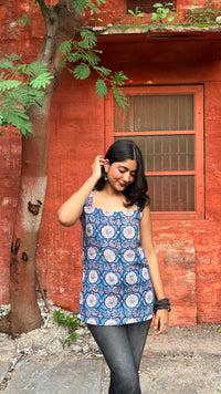 Camille Square Neck Bagru Blue Floral Top