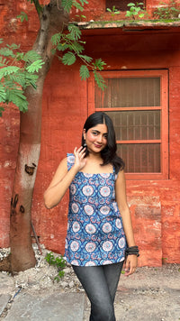 Camille Square Neck Bagru Blue Floral Top
