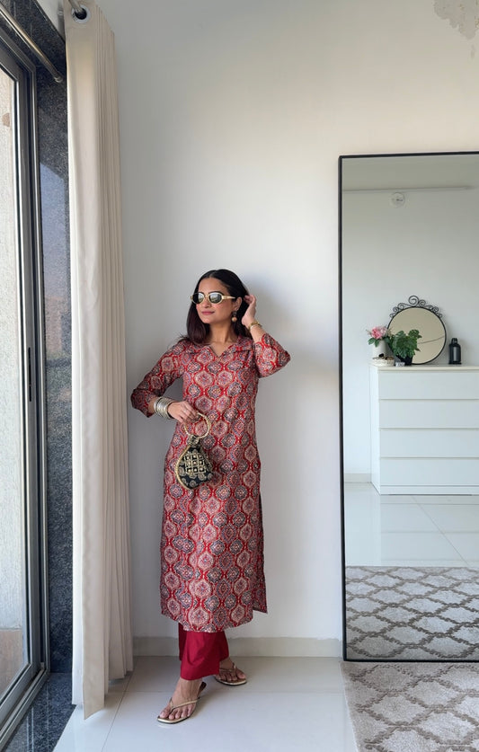 Rust Traditional Print Kurta Set
