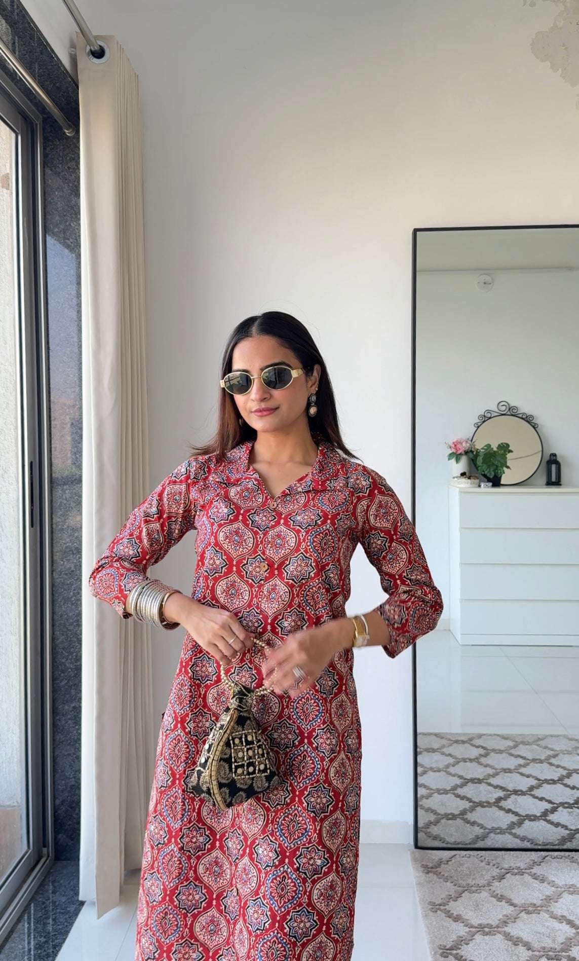 Rust Traditional Print Kurta Set