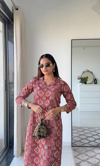 Rust Traditional Print Kurta Set