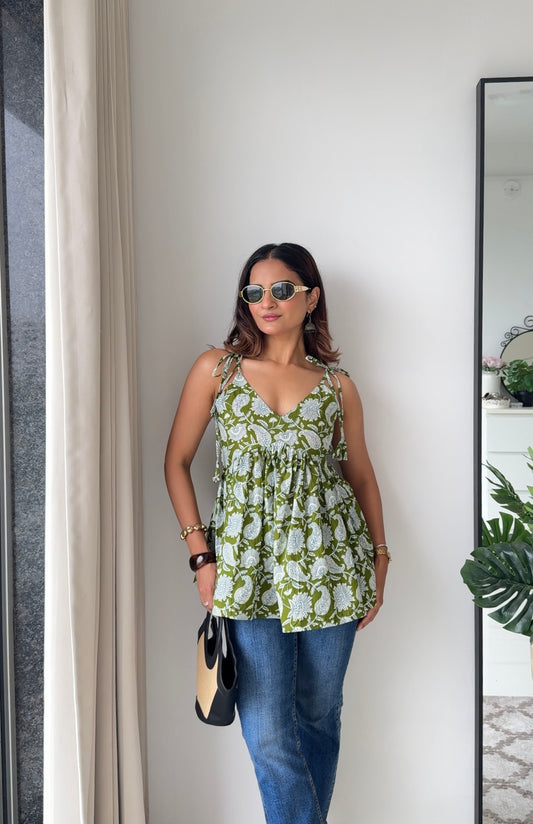 Tanvi Green Pure Cotton Sleeveless Peplum Top