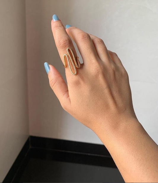 Rose Gold-Plated Spiral Shaped CZ Studded Adjustable Finger Ring