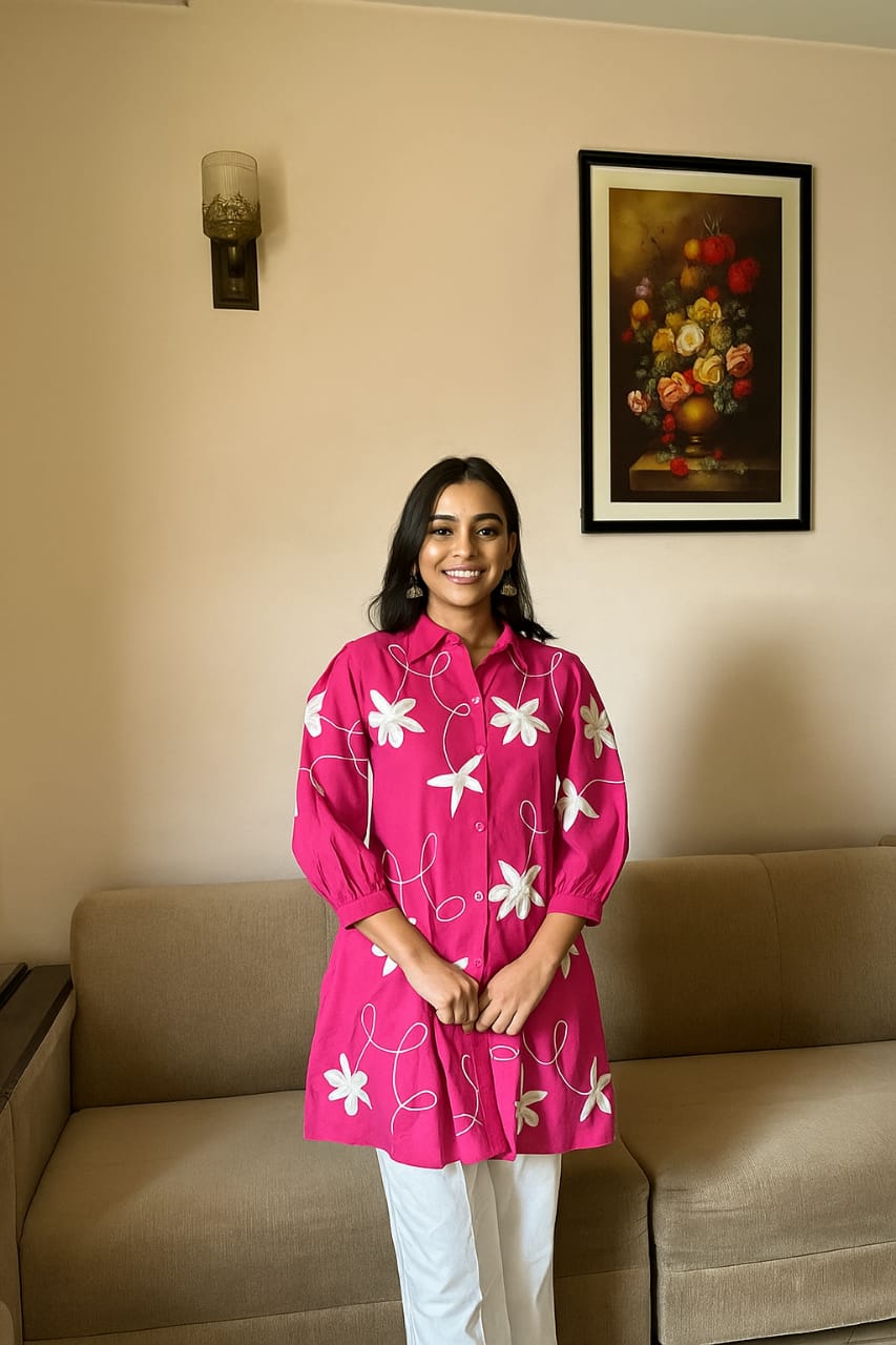 Co-ord Set with White Embroidery and Flared Pants