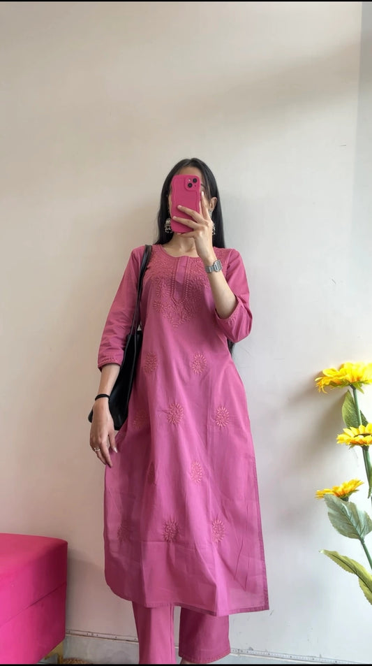 Rose Pink Chikankari Embroidered Kurta Set
