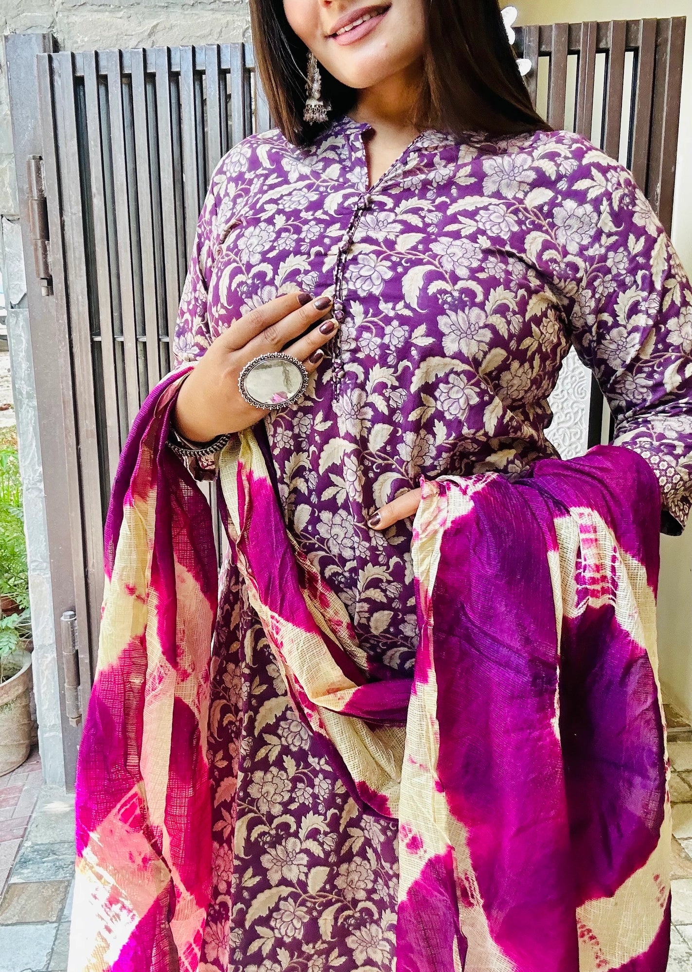 Purple Floral Pure Cotton Suit Set with Kota Doria Dupatta