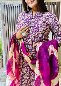 Purple Floral Pure Cotton Suit Set with Kota Doria Dupatta