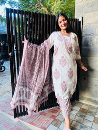 White & Pink Mughal Boota Straight Style Suit Set
