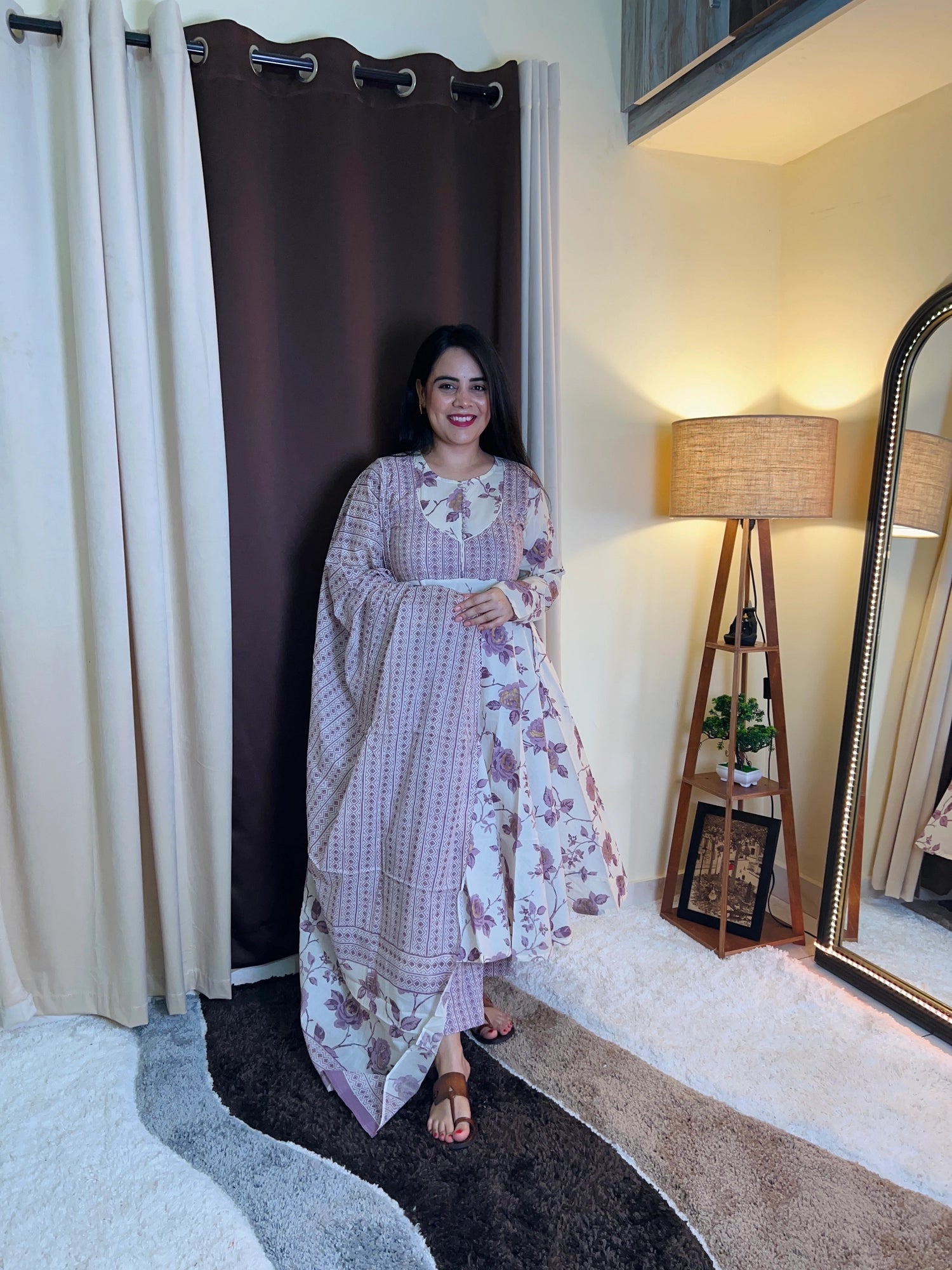 Purple & White Floral Pure Cotton Suit Set
