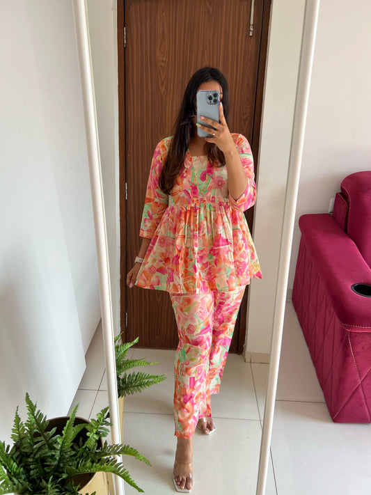 Orange & Pink Abstract Printed Co-ord Set Pure Cotton