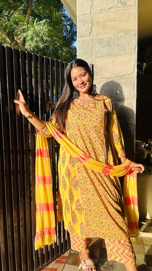 Yellow & Pink A-line Pure Cotton Suit Set