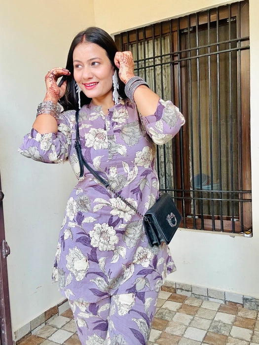 Purple Floral Pure Cotton Co-ord Set