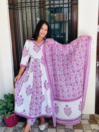 Purple & White Mughal Print Pure Cotton Suit Set