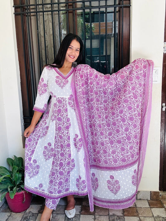Purple & White Mughal Print Pure Cotton Suit Set
