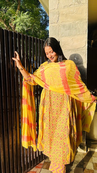 Yellow & Pink A-line Pure Cotton Suit Set