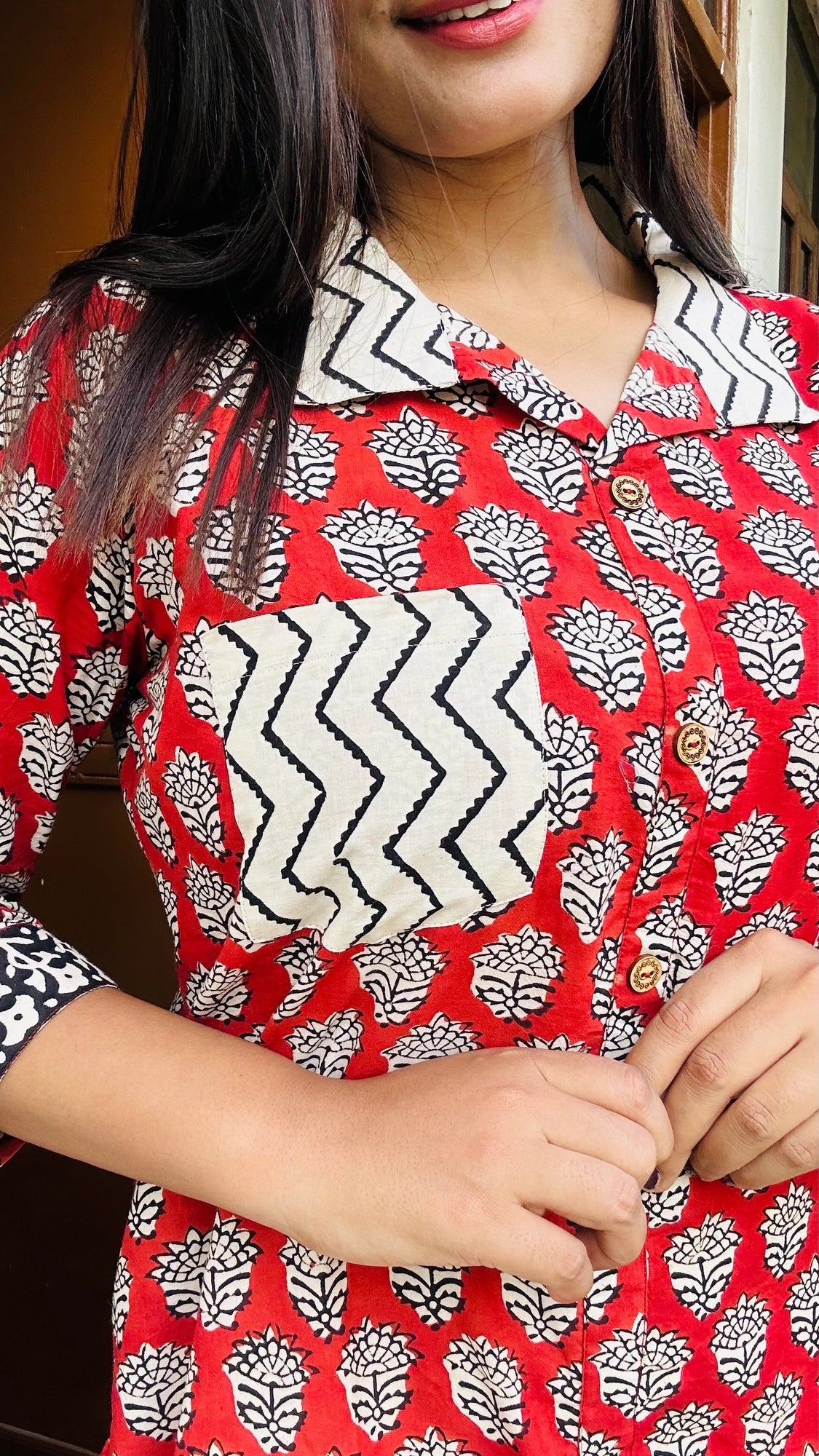 Red & Beige Handblock Printed Pure Cotton Co-ord Set