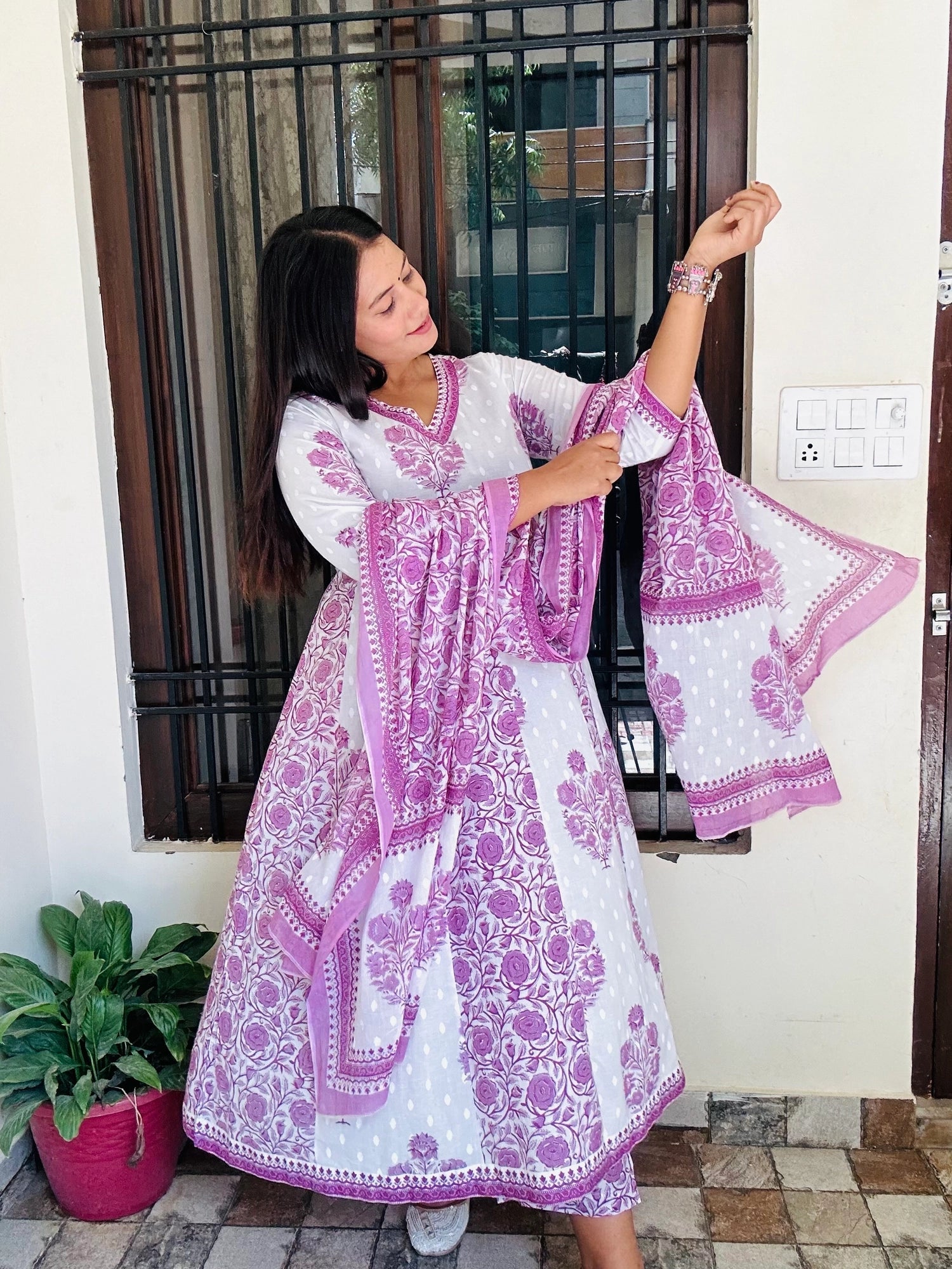 Purple & White Mughal Print Pure Cotton Suit Set