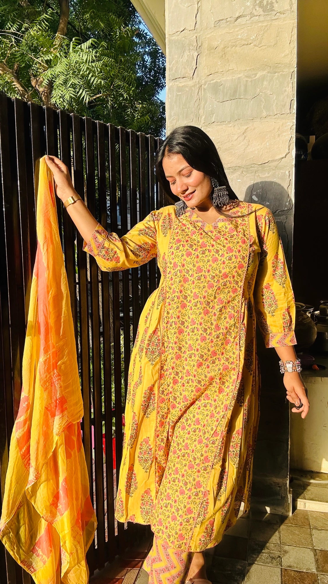Yellow & Pink A-line Pure Cotton Suit Set