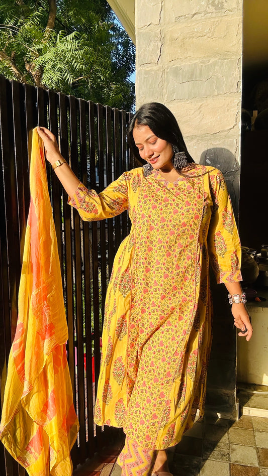 Yellow & Pink A-line Pure Cotton Suit Set
