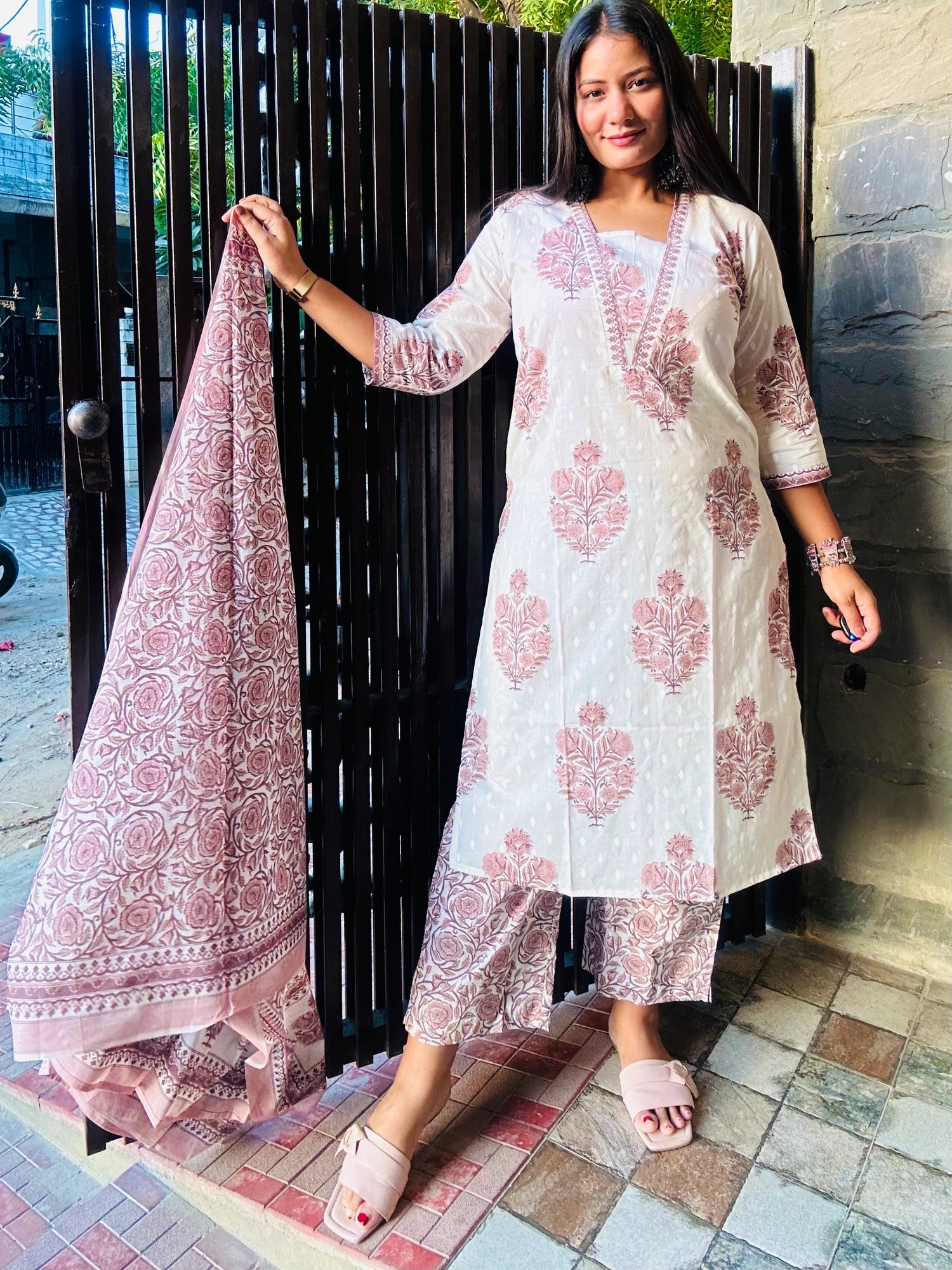 White & Pink Mughal Boota Straight Style Suit Set