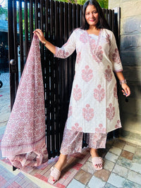 White & Pink Mughal Boota Straight Style Suit Set