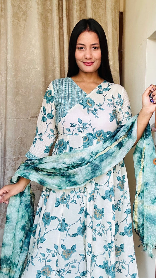 Mandakini Green & White Floral Suit Set