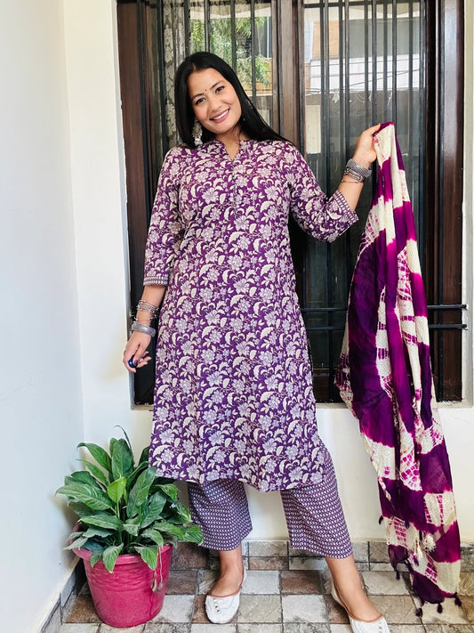 Purple Floral Pure Cotton Suit Set with Kota Doria Dupatta