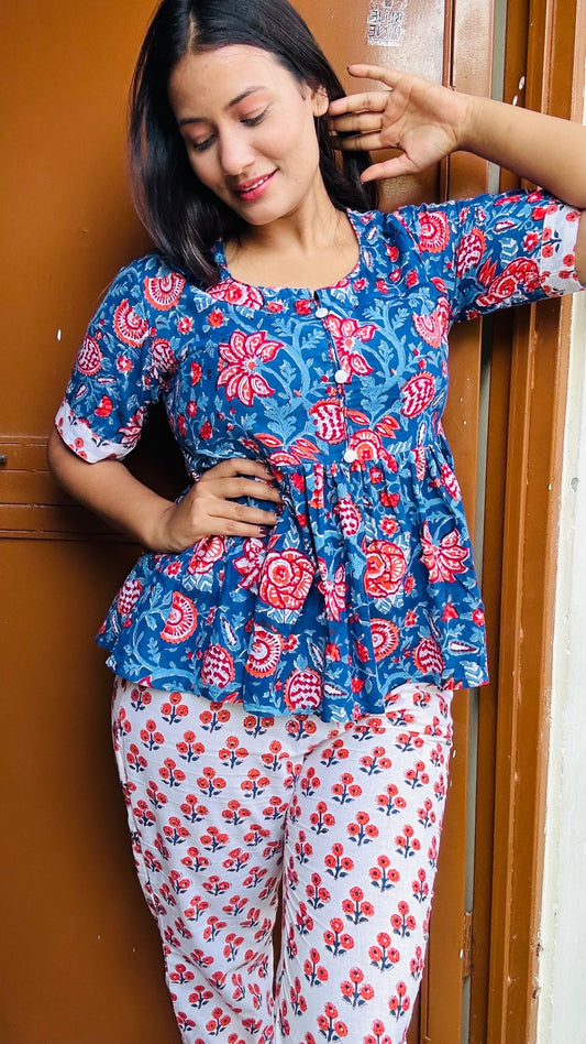 Navy Blue Floral Hand Block Print Pure Cotton Co-ord Set