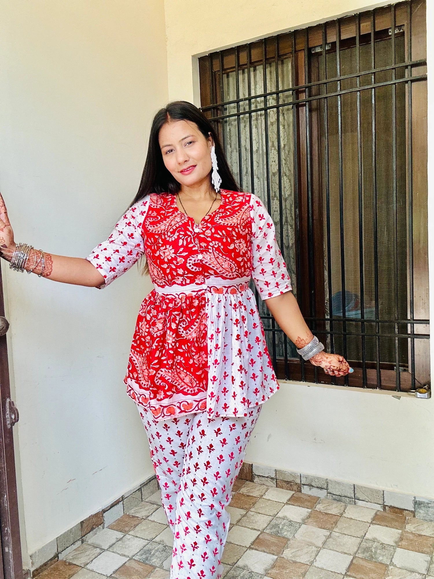 Red & White Angrakha Peplum Style Co-ord Set