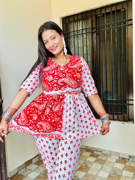 Red & White Angrakha Peplum Style Co-ord Set