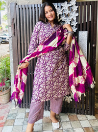 Purple Floral Pure Cotton Suit Set with Kota Doria Dupatta