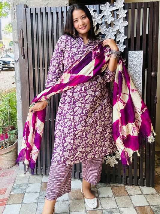 Purple Floral Pure Cotton Suit Set with Kota Doria Dupatta