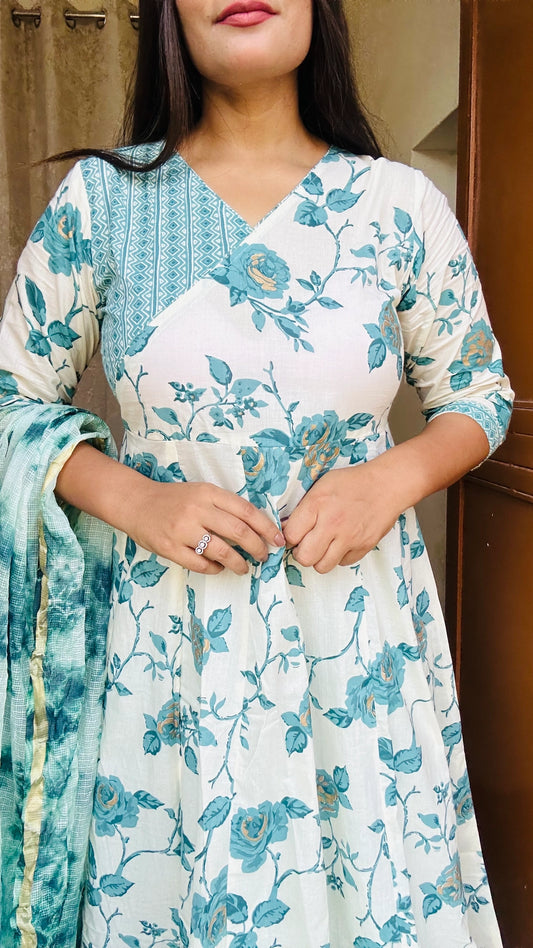 Mandakini Green & White Floral Suit Set
