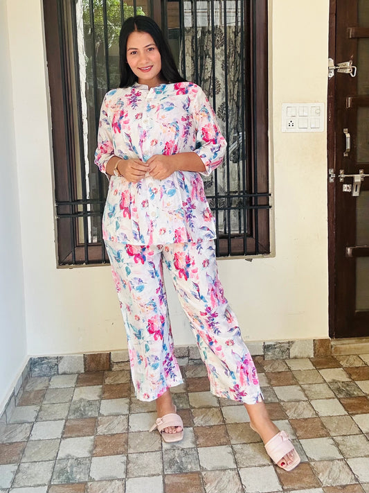White Floral Silk Co-ord Set