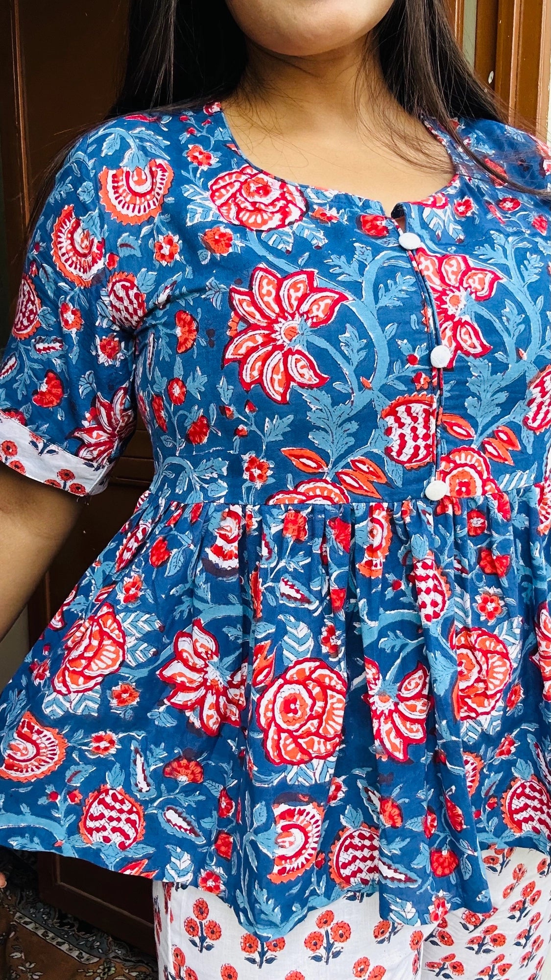 Navy Blue Floral Hand Block Print Pure Cotton Co-ord Set