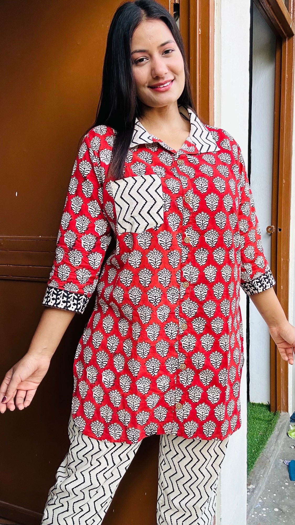 Red & Beige Handblock Printed Pure Cotton Co-ord Set