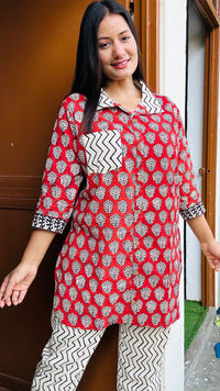 Red & Beige Handblock Printed Pure Cotton Co-ord Set