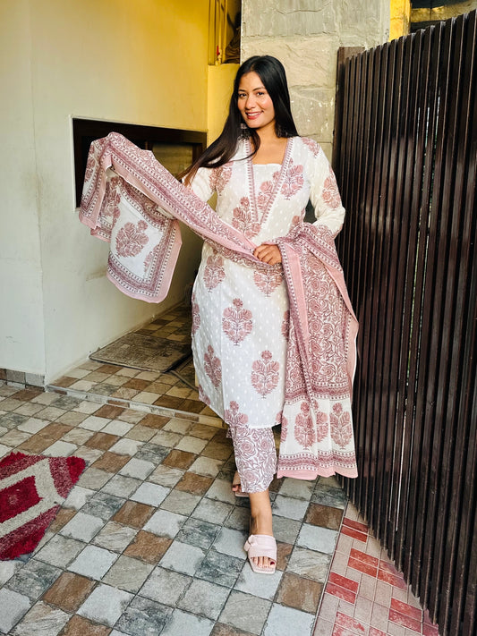 White & Pink Mughal Boota Straight Style Suit Set