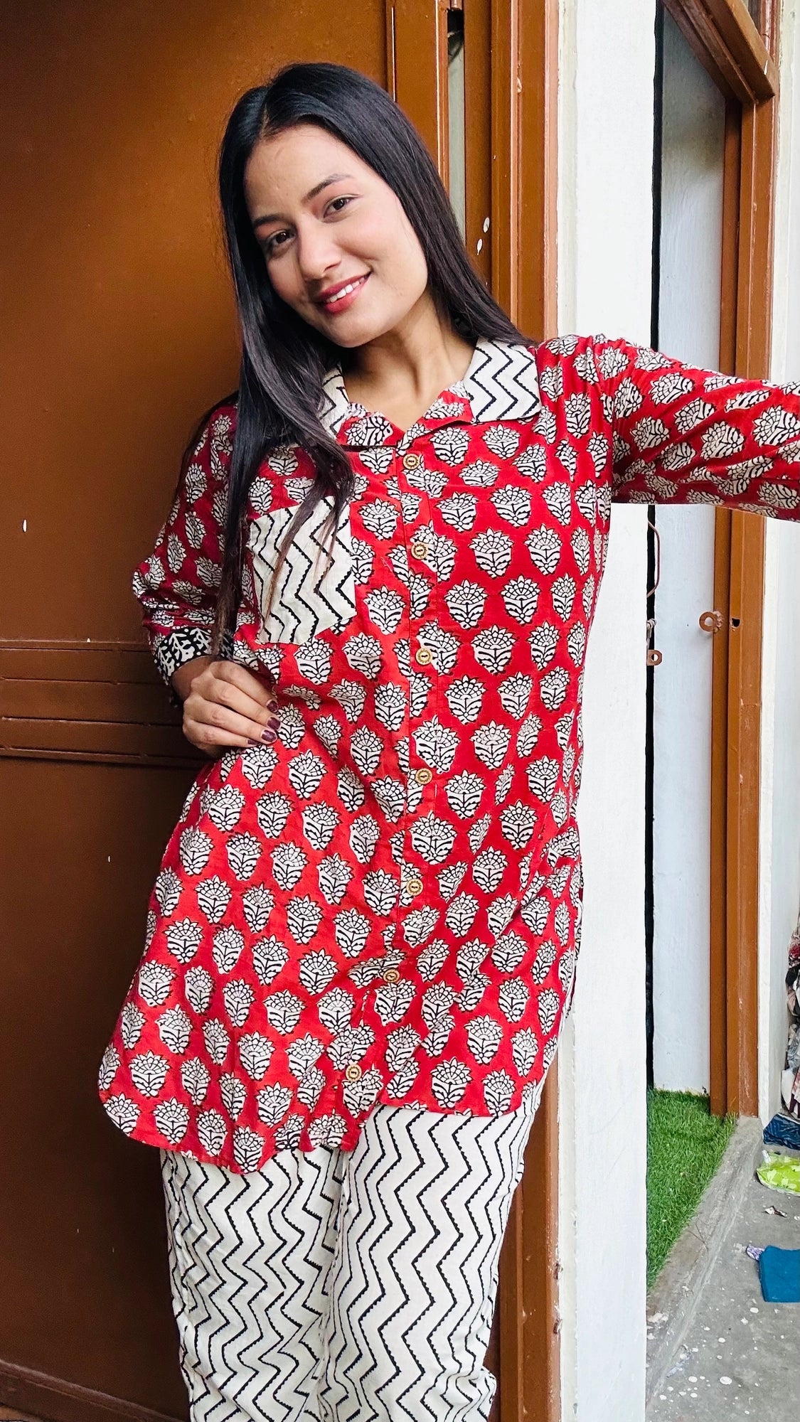 Red & Beige Handblock Printed Pure Cotton Co-ord Set