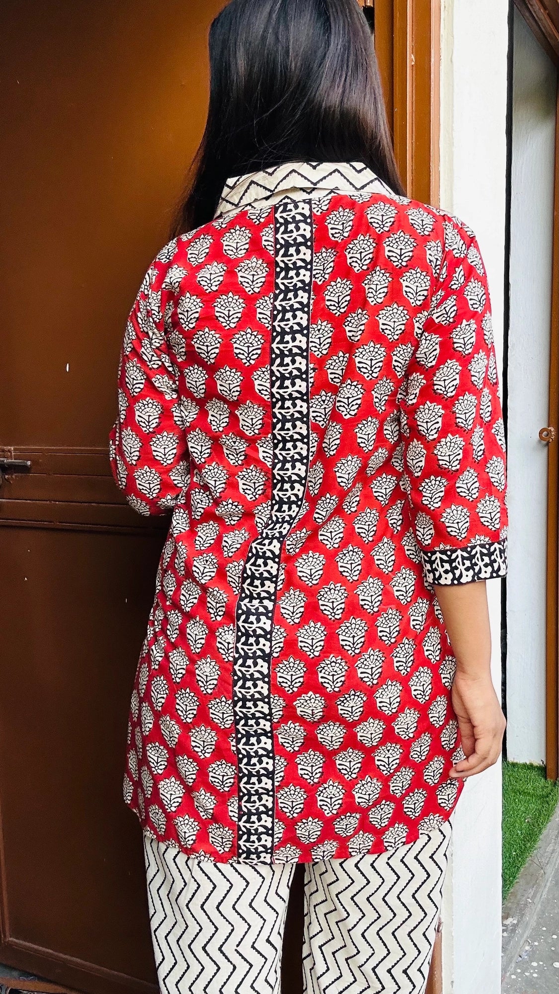 Red & Beige Handblock Printed Pure Cotton Co-ord Set