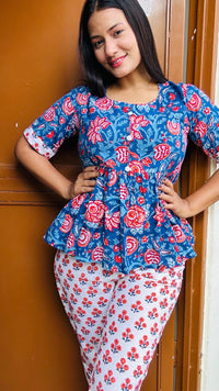 Navy Blue Floral Hand Block Print Pure Cotton Co-ord Set